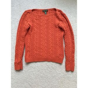 Lauren Ralph Lauren Sweater Womens S/M Orange Cable Knit Fisherman Preppy 90s